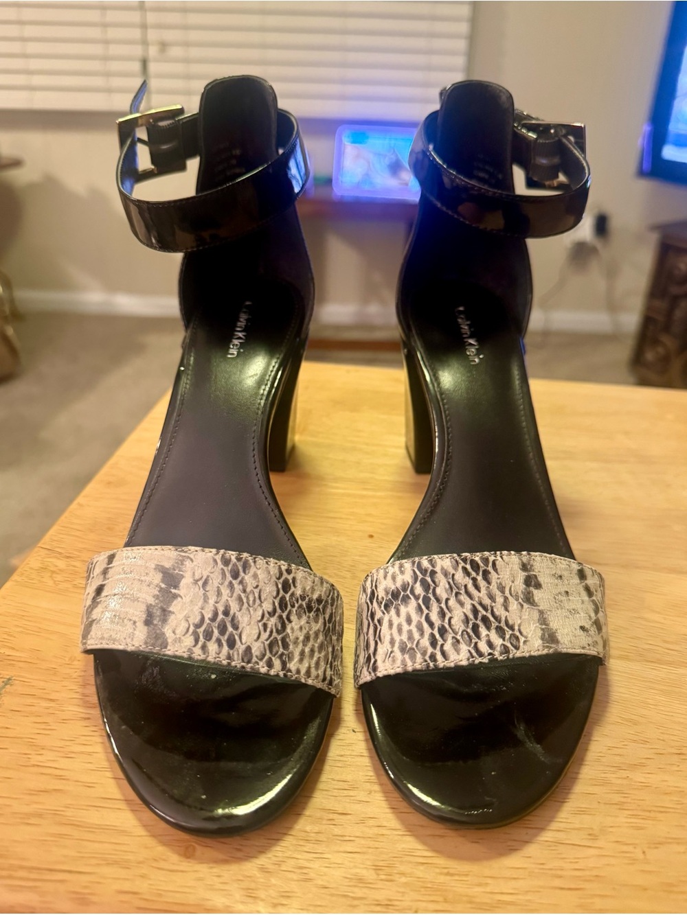 Calvin Klein Black Block Heel Sandals with Snakeskin Strap